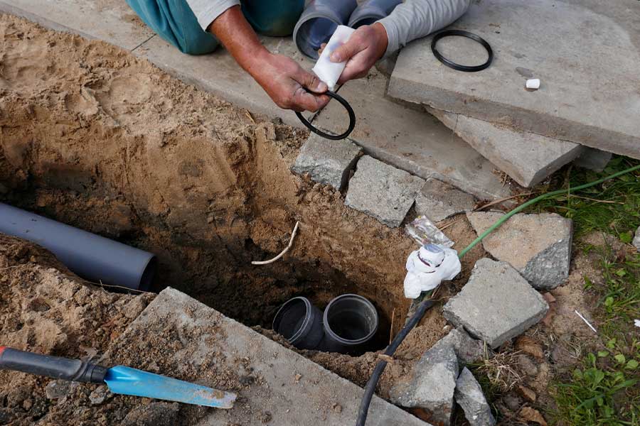 Plumber sealing pipe joint during drain maintenance in Lake Oswego