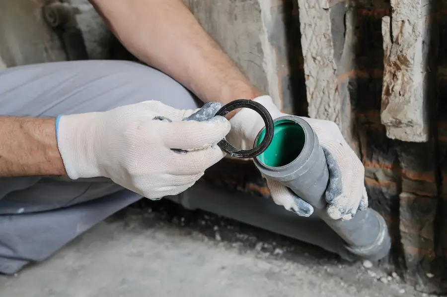 Close-up of drain installation work with a new pipe seal being placed